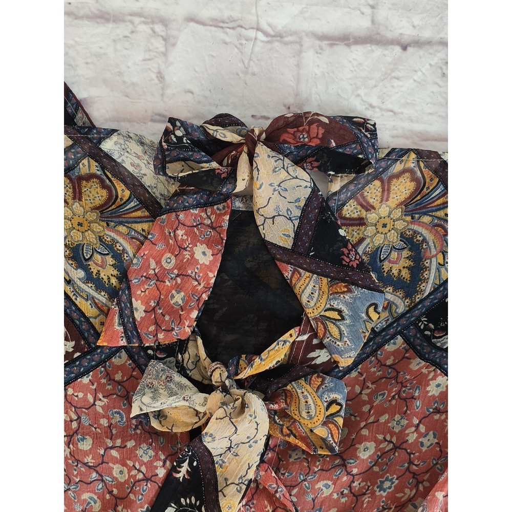 American Eagle Patchwork Print Balloon Sleeve Bow Tie Back Blouse Woman's Size M - Picture 6 of 7